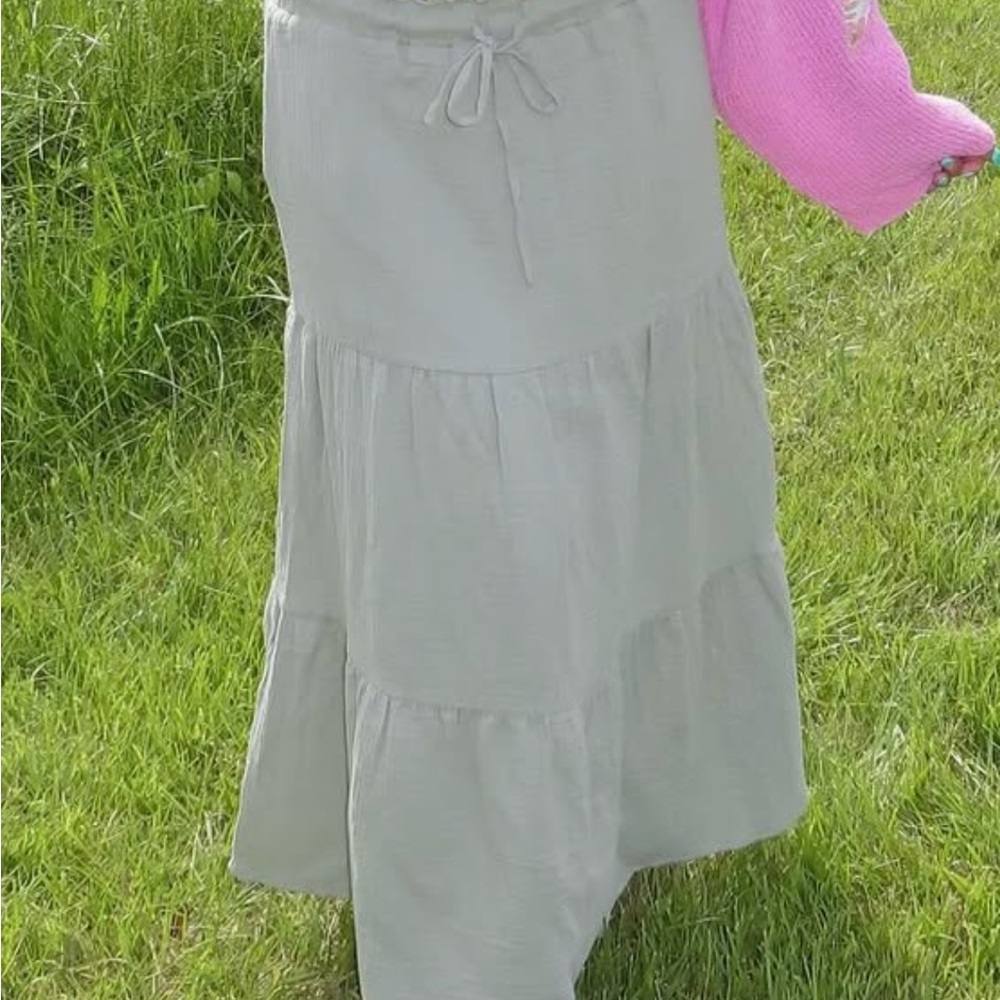 Boho Sage Green Tiered Maxi Midi Skirt